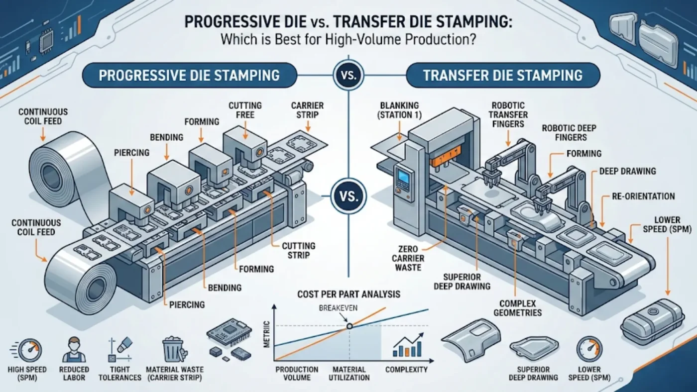 Progressive die ve transfer die stamping süreçlerinin karşılaştırmalı teknik infografiği, Emin Mekatronik yüksek hacimli metal parça üretimi analizi.
